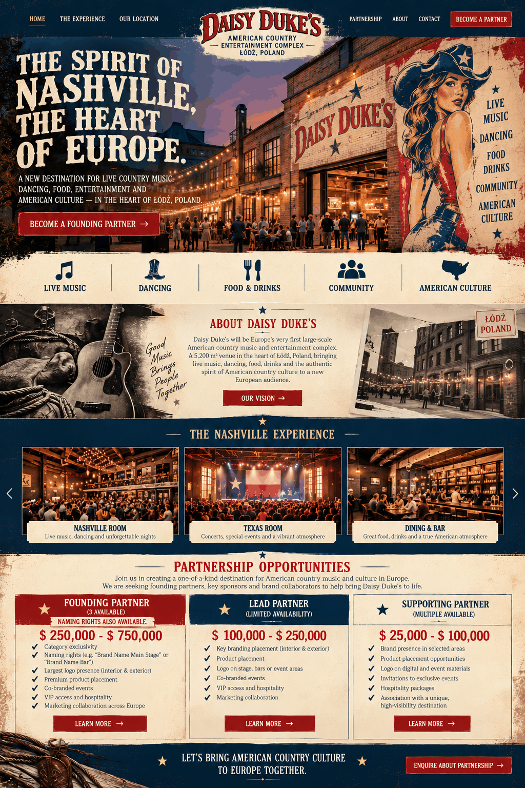 Daisy Duke’s vintage Americana homepage: The Spirit of Nashville, the Heart of Europe. Proposed venue experiences and founding, lead and supporting partnership opportunities.