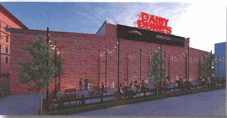 Proposed patio and exterior signage — architectural concept.